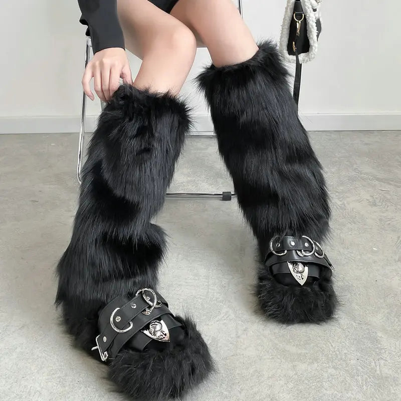 Lbsfy Japanese White Faux Fur Leg Warmers Boot Covers Y2K Goth Solid Leg Socks Punk Jk Knee-length Hiphop Hotgirl Fashion Warm Sock