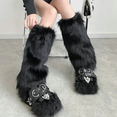 Lbsfy Japanese White Faux Fur Leg Warmers Boot Covers Y2K Goth Solid Leg Socks Punk Jk Knee-length Hiphop Hotgirl Fashion Warm Sock