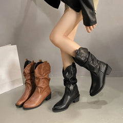 LBSFY -New Style Women's Boots Winter Casual Low Heel Non Slip Comfort Waterproof Pleated Leather Boots Cold Resistant Fashion Boots