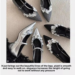 LBSFY -2025 New Style Japanese Bright Sequin Flower Embellished Mary Jane Women's Shoes French Style Increased Height Pointed Toe Singl
