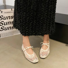 LBSFY -Mesh lace inner heightening women's shoes 2025 summer new sexy square head shallow breathable ballet shoes bow flat shoes