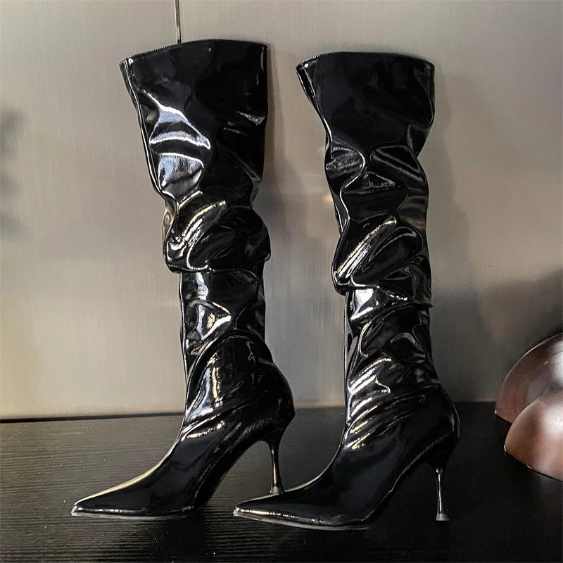 LBSFY  -   2025 PU Autumn Rome Fashion Solid Women Shoes Buckle Pleated Pointed Toe Knee-High Boots Women Boots Thin Heels DRESS