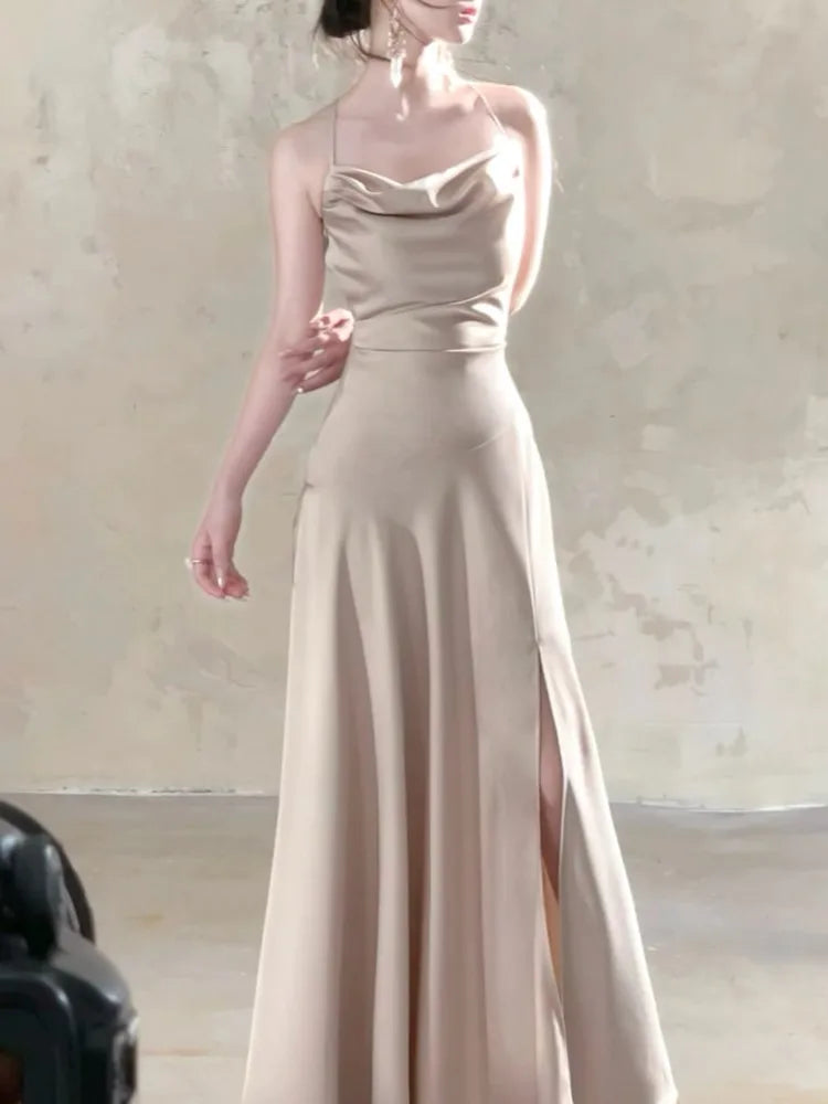 LBSFY -Women Sexy Party Elegant Pleated Dress 2025 French New Fashion Vacation Evening Solid Satin Split Sleeveless Long Dress Summer