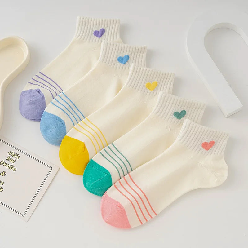 Lbsfy 5 Pairs Cotton Women Socks Pack White Spring Summer Autumn Love Print Low Tube Short Cute Kawaii Harajuku Striped Sock Set Girls