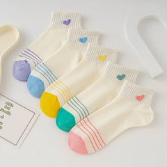 Lbsfy 5 Pairs Cotton Women Socks Pack White Spring Summer Autumn Love Print Low Tube Short Cute Kawaii Harajuku Striped Sock Set Girls
