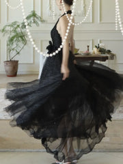 LBSFY -French Elegant Black Midi Women's Evening Dresses Mesh V-Neck Backless Halter Sequin Vestidos Spring Summer Prom Female Clothes