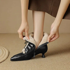 LBSFY  -   Fashion Thick Fur Winter Ankle Boots Pointed Toe Lace Up Med Heels Ankle Boots Zipper Ladies Warm Snow Boots