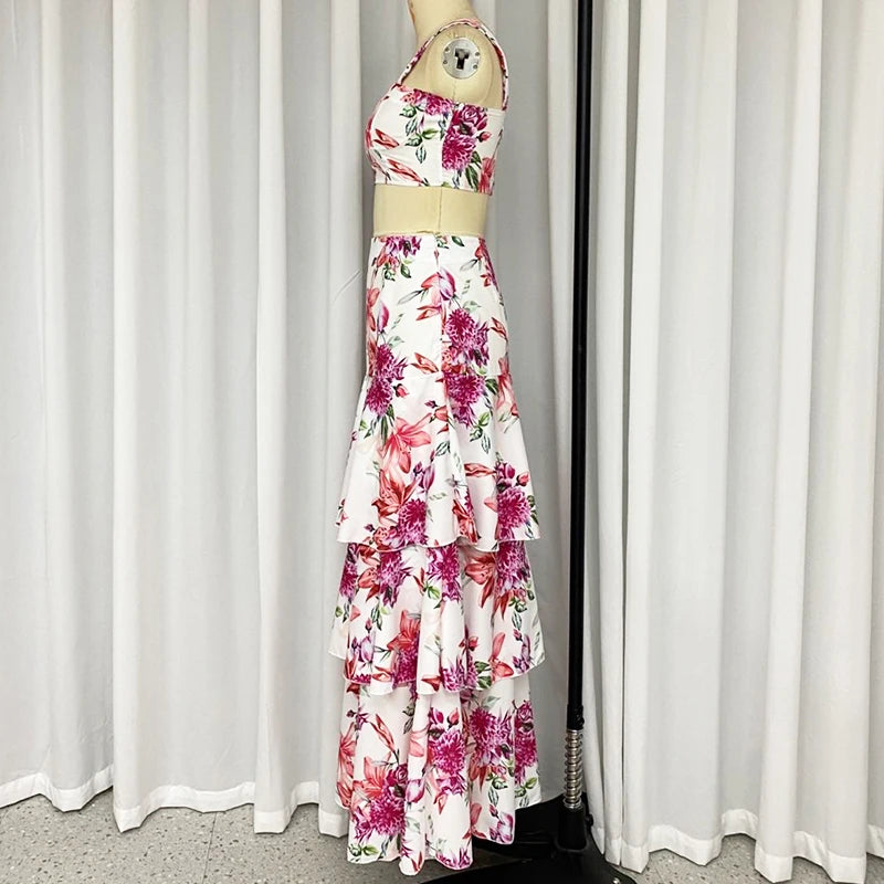 LBSFY  -  2 Piece Set Women Summer Elegant Floral Printed Sleeveless High Waist Vest Top Loose Cascade Long Skirt Sets Streetwear