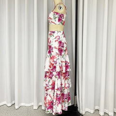 LBSFY  -  2 Piece Set Women Summer Elegant Floral Printed Sleeveless High Waist Vest Top Loose Cascade Long Skirt Sets Streetwear