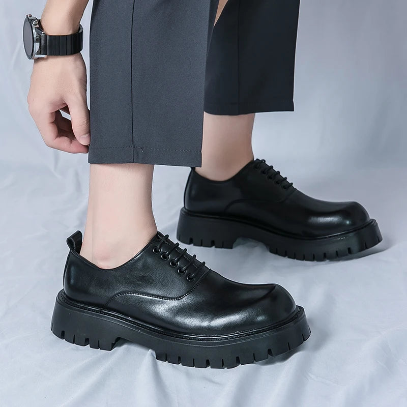 LBSFY  -  Glossy Patent Leather Retro Round-toe Dress Shoes Korea Style Thick Bottom Shoes Classic Formal Black Dress Oxford Office Manage