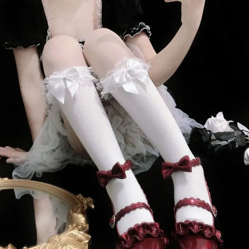 Lbsfy Lolita Girls Sweet Long Socks Stockings JK Japanese Style Lace Bow Knee Socks Stockings Women Solid Black White Knee High Socks