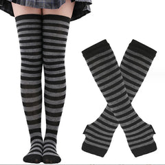 Lbsfy 1 Set Women Girls Over Knee Long Stripe Thigh High Cotton Gothic Lolita Socks Arm Sleeve Gloves Sweet Cute Black Overknee Socks