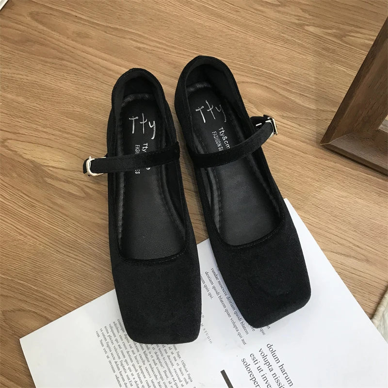 LBSFY -Fashion Women's Velvet Flats Ladies Square Toe Shallow Buckle Casual Ballet Shoes Slip-on Outdoor Mary Jane Shoes