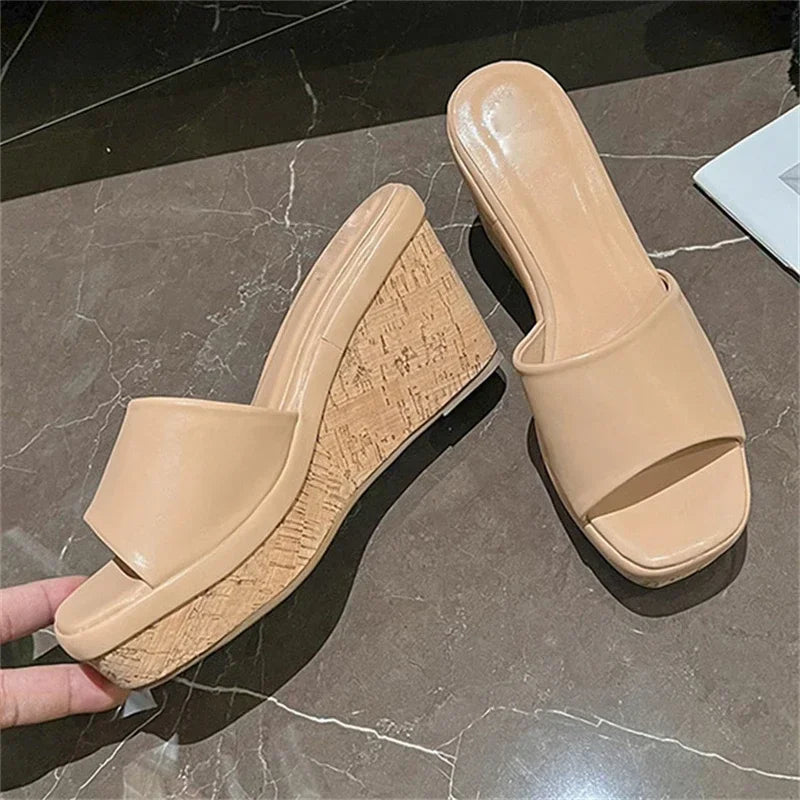 LBSFY -Summer Fashion Concise Square Toe Platform Wedge Heels Slippers Woman Female Sandals Slide Shoes Zapatos De Mujer