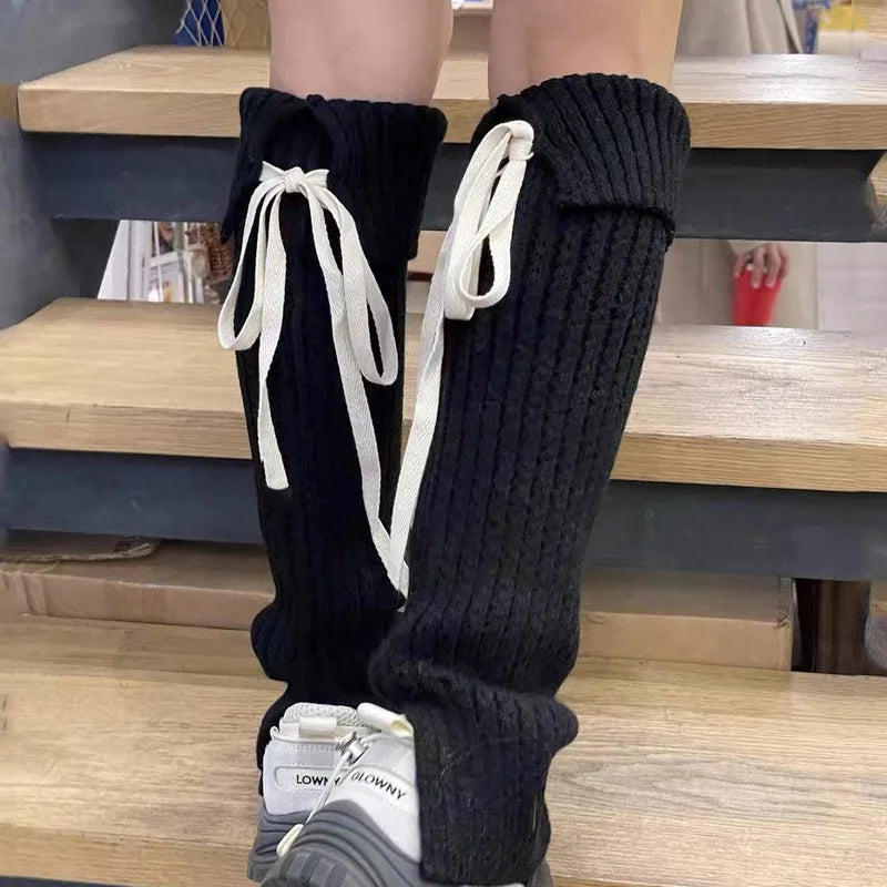Lbsfy Korean Bow Tie Strap Knitted Leg Socks Y2K Leg Warmers Long Calf Covers Punk Japanese JK Pile Socks Stockings Stacked Socks