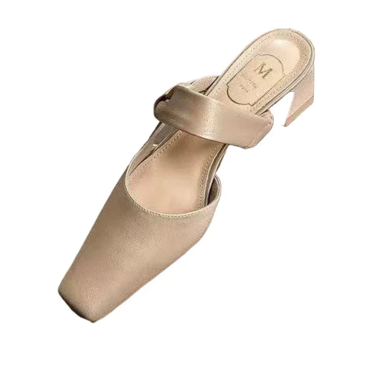 LBSFY -Summers New Style Evening Breeze Baotou Half Slippers French Low Heel Women's Shoes Summer New Thick Heel Slippers Zapatos Mujer