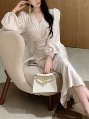 LBSFY -Elegant Bodycon Print Midi Dresses for Women Autumn Lantern Sleeve V-Neck Lace-up Mermaid Evening Party Dress Robe Vestidos New