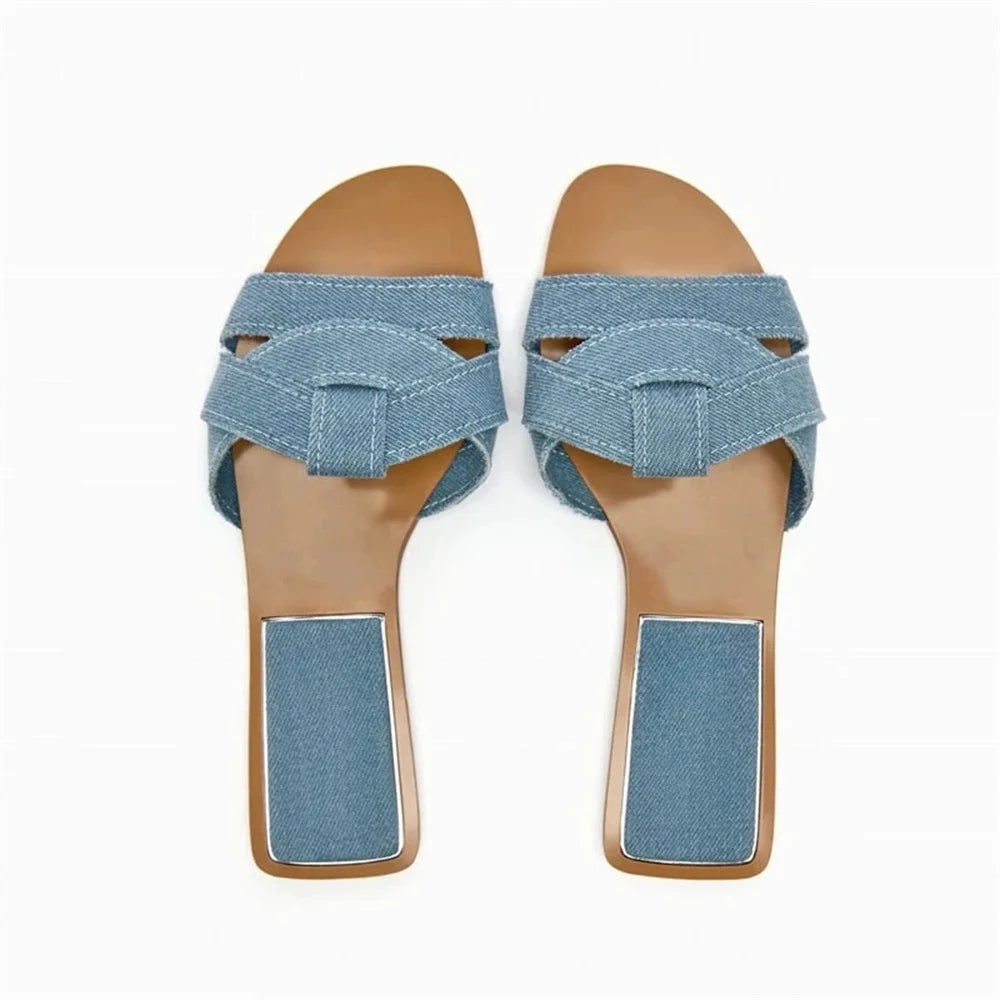 LBSFY  -  Fashion Women Flat Sandals 2024 Summer Beach Style Blue Denim Shoes Casual Round Toes Flip Flops Woman Comfortable Slippers