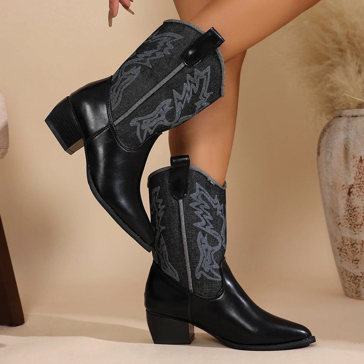 LBSFY -New Style Fashion Women's Western Cowboy Boots Slip On Thick Heel Knight Long Booties Retro Style Autumn Winter Female Shoes