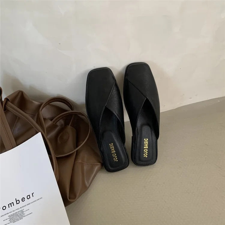 LBSFY -Flat Half Drag Slippers Square Toe Sandals 2025 Spring/Summer Outside Wear Casual Soft Bottom Mules Low Heel Sapatos Femininos
