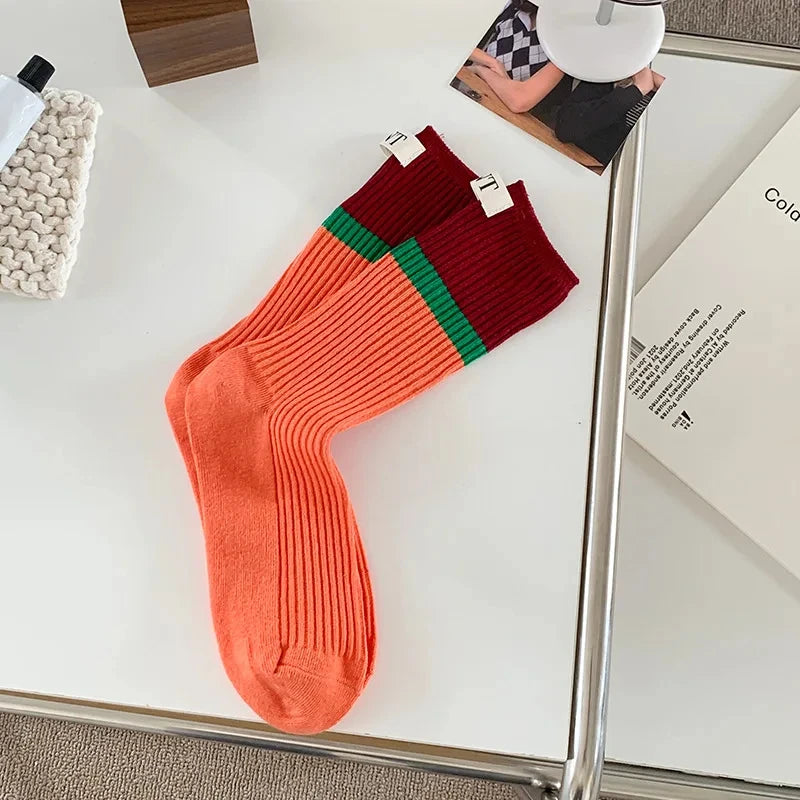 Lbsfy Fashionable and versatile Contrast colored socks women's high top pile up socks Korean version of spring/summer cotton socks
