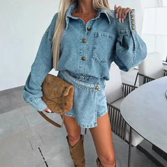 LBSFY  -  2025 Women Elegant Denim Solid 2Pc Outfits Casual Long Sleeves Irregular Slim Sets Fashion Lapel Button Coat & Mini Pants Suits