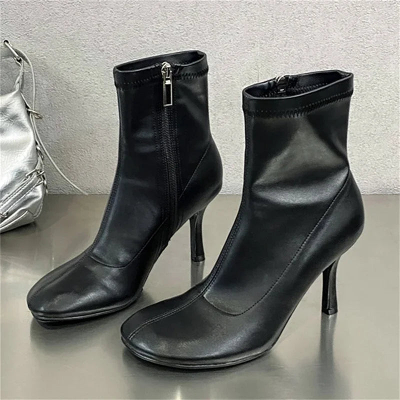 LBSFY -Spring Autumn SEXY Round Toe Women Ankle Boots Concise Thin High Heels Shoes Fashion Side Zipper Short Booties
