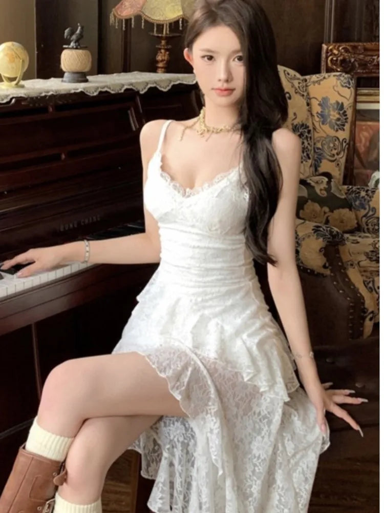 LBSFY -Women's Summer Ruffle Sexy Dresses White Lace Spaghetti Strap V-Neck Silm Fit Dress Vacation Party Evening Vestidos Fashion New