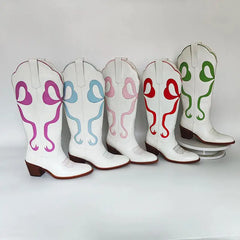 LBSFY  -  Women Pink Pull-on Knee High Cowgirl Boots with Bow  Comfy Women Big Size Cowboy Boots