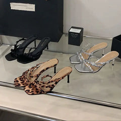 LBSFY -Summer Fashion Band Woman Slippers Leopard Narrow Thin Low Heels Party Stripper Ladies Mules Slides Zapatos Mujer