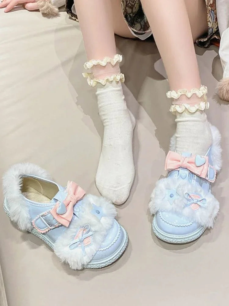 LBSFY  -  Autumn Sweet Fur Design Cotton Shoes Women Elegant Soft Girl Fluffy Single Shoes Female Lolita Platform Pink Cute Leather Shoes