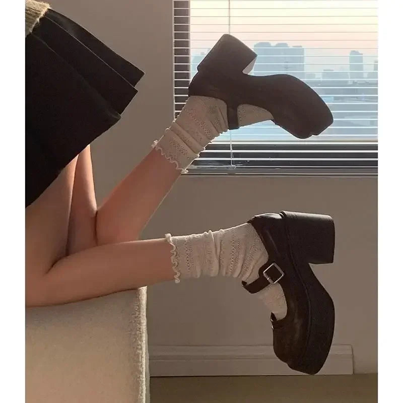 LBSFY -Brown Retro French Thick Heel Mary Janes Women's Shoes Spring 2025 New Style Heightening Flat Mouth High Heels Loafers Shoes