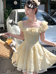LBSFY -Y2K New Preppy Style Woman Mini Dress Sweet Yellow Lace Puff Sleeves Square-Collar A-Line Slim Waist Dresses French Elegant New