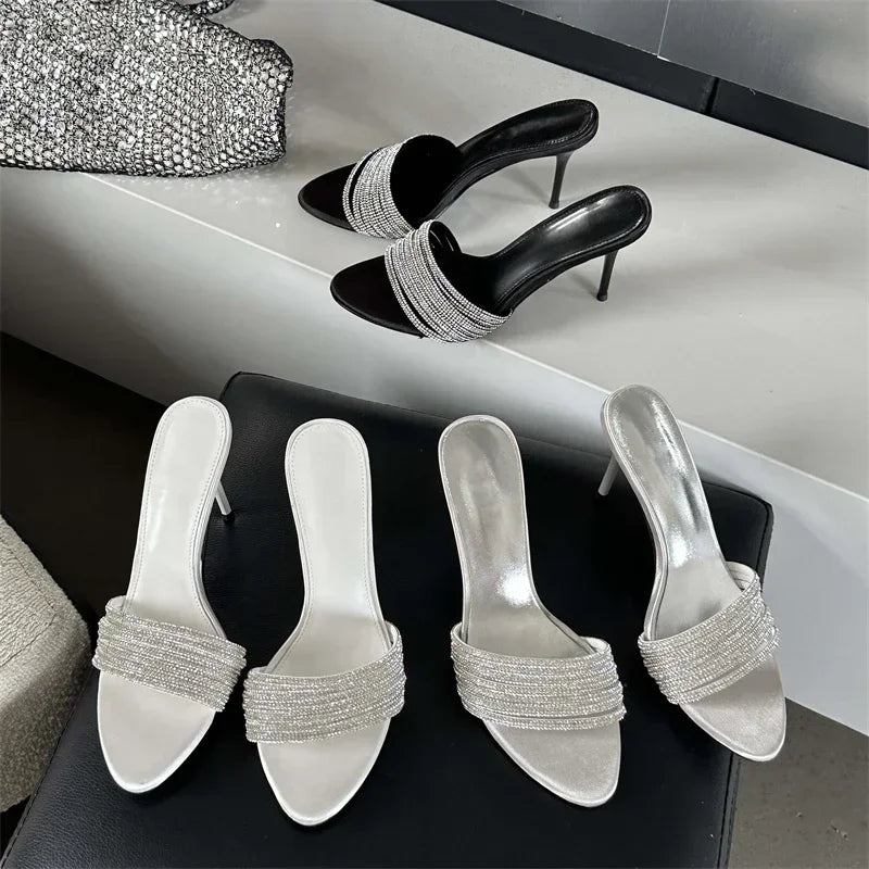 LBSFY -Summer Street Narrow Band Crystal Women Slippers Sexy Thin High Heels Party Prom Open Toe Slide Shoes