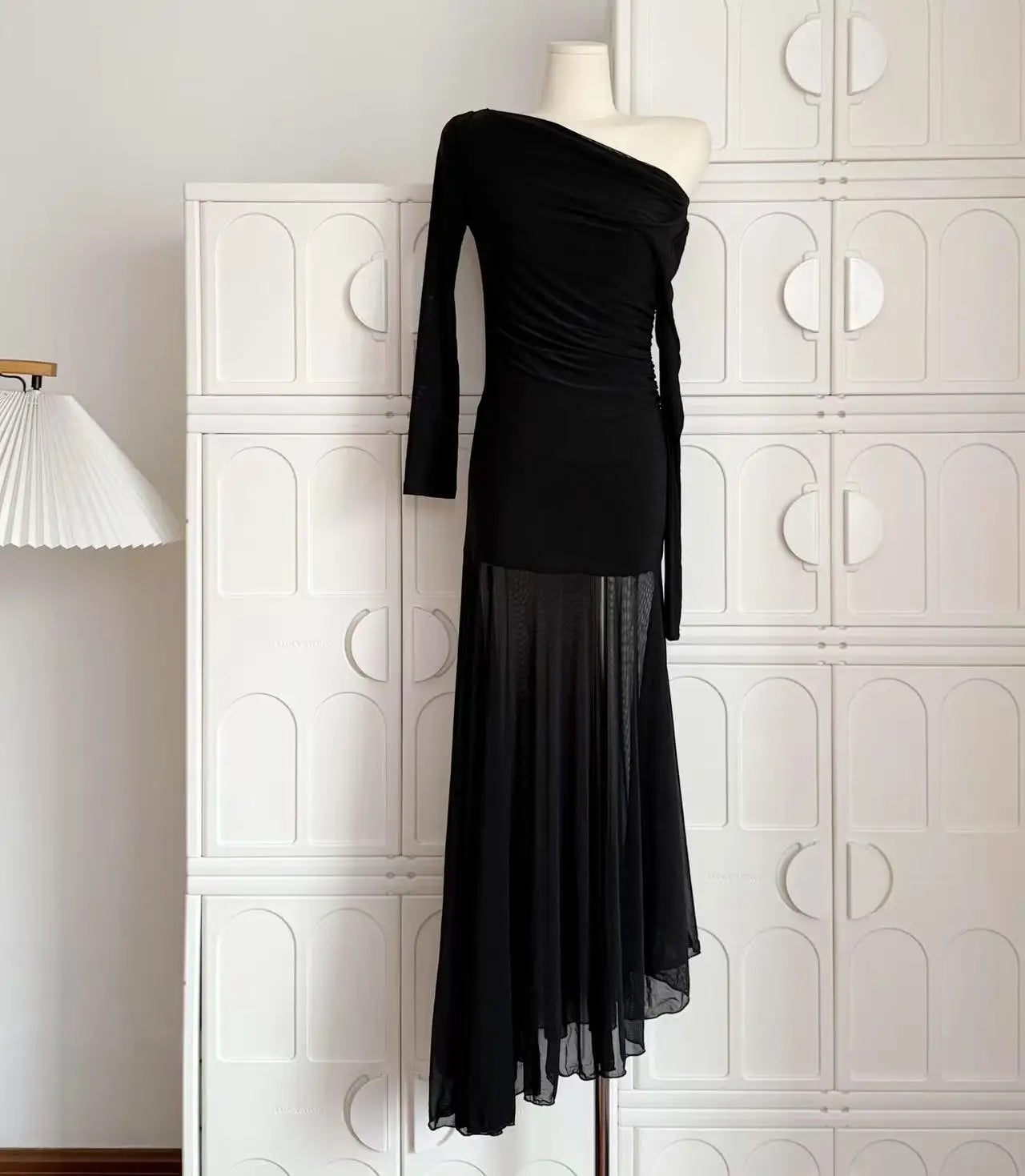 LBSFY -Sexy Vintage Elastic Women's Party Dresses 2025 Spring Autumn Long Sleeve Chic Irregular Slim Waist Slash-Neck Dress Prom Robe