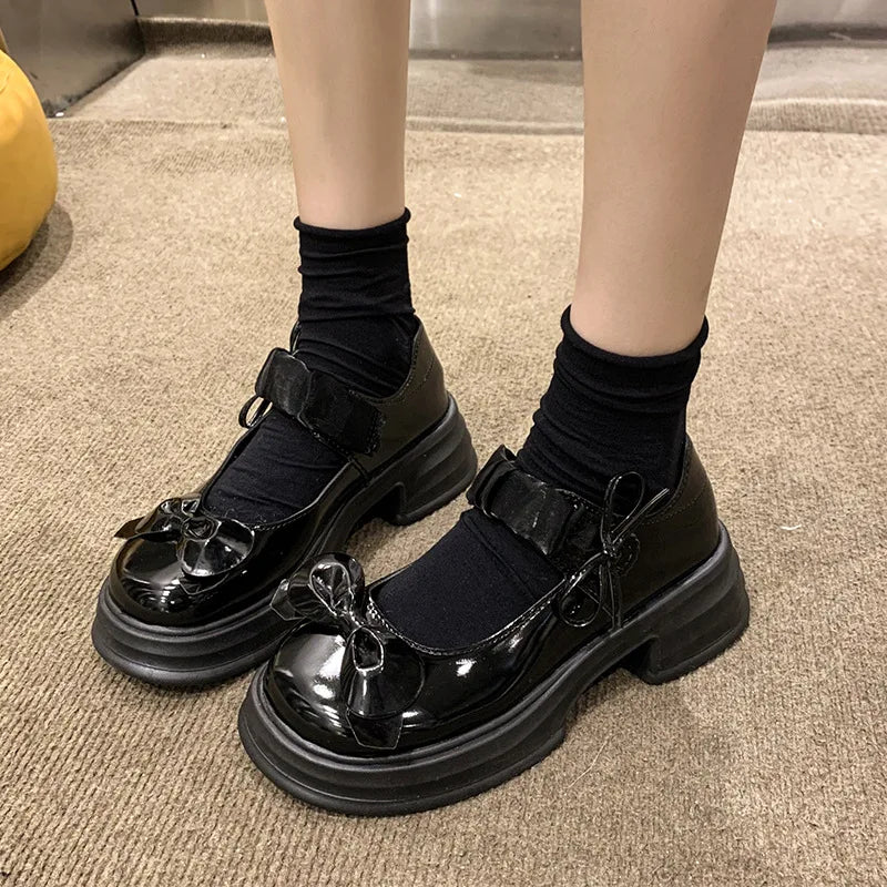 LBSFY -Luxury Platform Women Single Lolita Shoes Autumn Patent Leather Ankle Bow Mary Jane Shoes Woman Loafers Topsiders Ballerinas