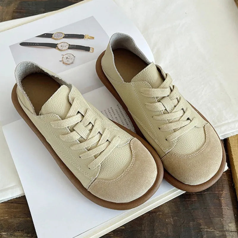 LBSFY  -  New Women's Shoes Flat Bottom Round Toe Flat Shoes Casual Lace Up Ladies Sneakers Mixed Color Soft Sole Beige Vulcanized Shoes