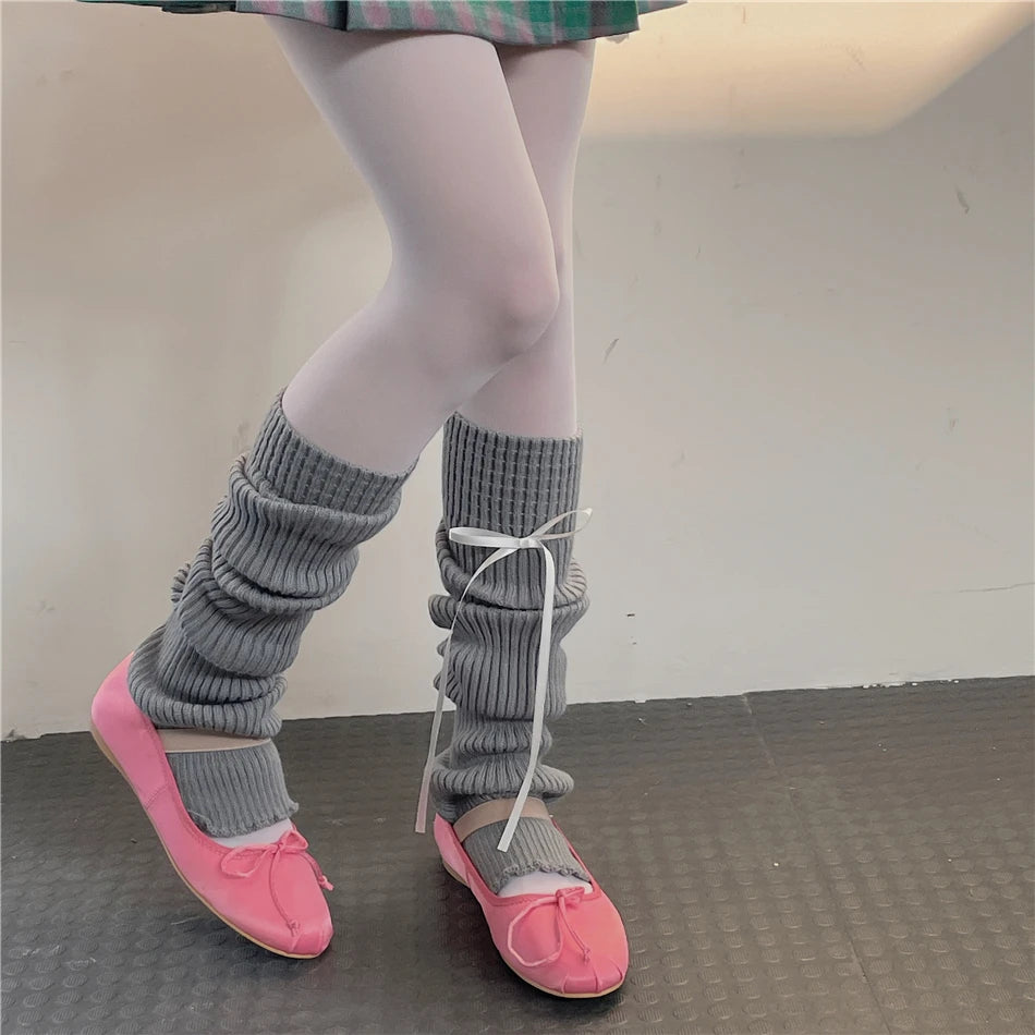 Lbsfy Japanese Knitted Leg Cover Knee Tube JK Bow Over Pile Socks Korean Warm Socks Ballet Style Leg Warmer Casual Long Leg Socks