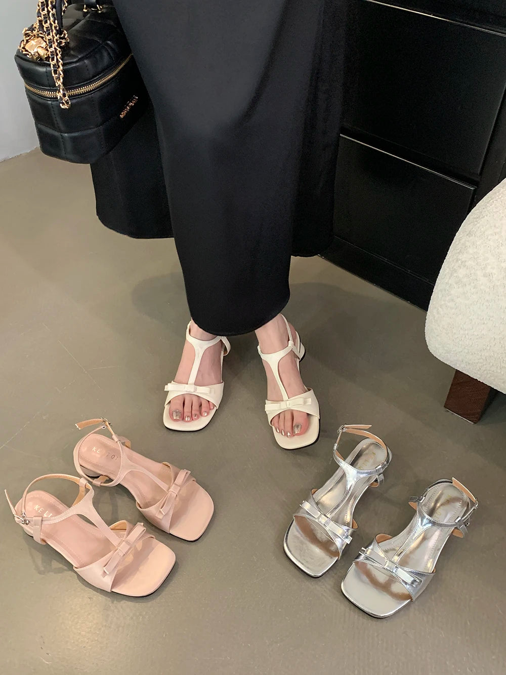 LBSFY  -  Open Toe Women Sandals Beige Silver Pink Round Mid Heels Ankle Strap T Strap Summer Dress Shoes Woman Size 35-39 Bow Design