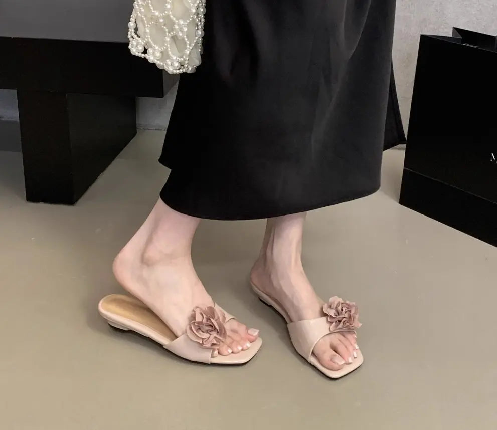 LBSFY -Women French Flowers Slippers Summer Slides Open Toe Flat Casual Shoes Leisure Sandal Female Vacation Beach Flip Flops