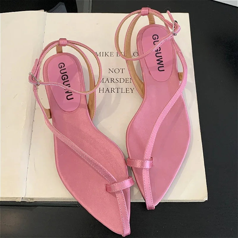 Lbsfy Footwear Women Summer 2025 Pointed Toe Flip Flops Female Ankle Strap Elegant Low Heel Concise Fashion Brand Roman Sandals Ladies