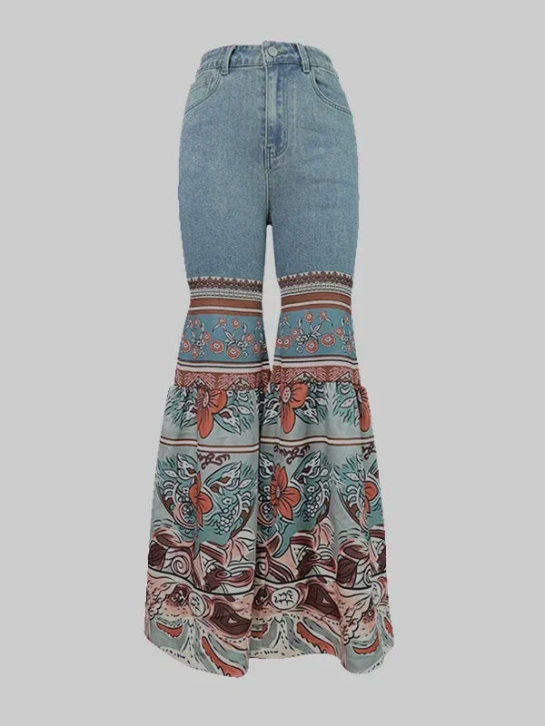 LBSFY  -  Floral Printed Patchwork Jeans for Women 2024 New High Waist Skinny Denim Pants Female Casual Streetwear Flared Pants