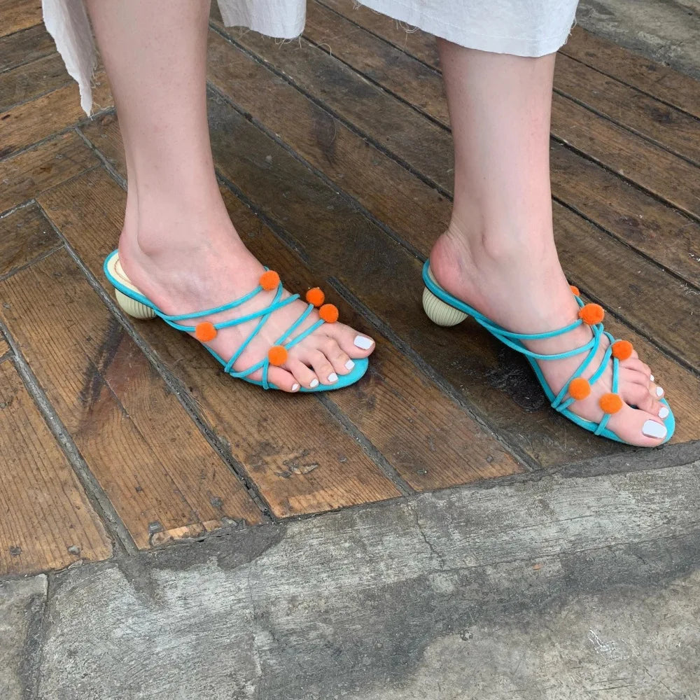 LBSFY -Women Cute Small Ball Strap High-heeled Slippers Summer Open Toe Casual Sandals New Narrow Band Sexy Hollow Slippers
