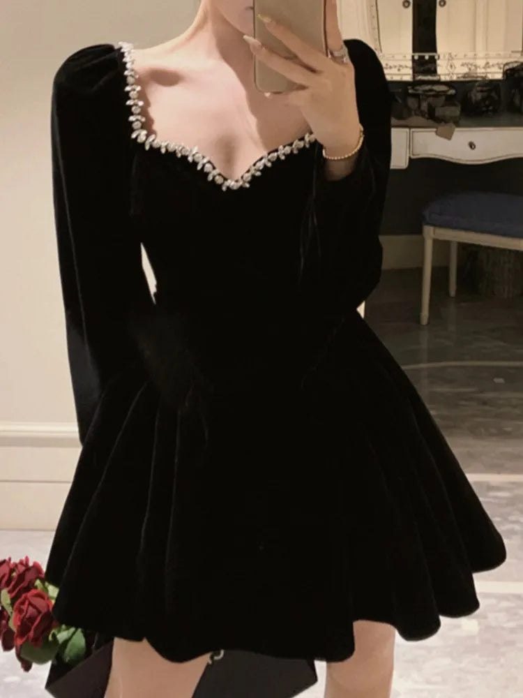 LBSFY -French Velvet Party Dress for Women Elegant Long Sleeve A-Line Vestidos Robe Female One Piece Mini Birthday Evening Dresses New