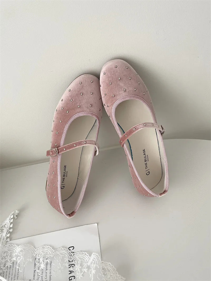 LBSFY -Rivet Decor Velvet Mary Janes Shoes Women Round Toe Elegant Ballet Flats Shoes Ladies Buckle Strap Spring Autumn Loafers New