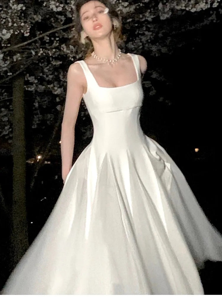 LBSFY -White Elegant Fairy French Sling Dress For Woman Summer Mesh Ball Gown Square-Collar Slim Fit Skirt Party Evening Dress 2025