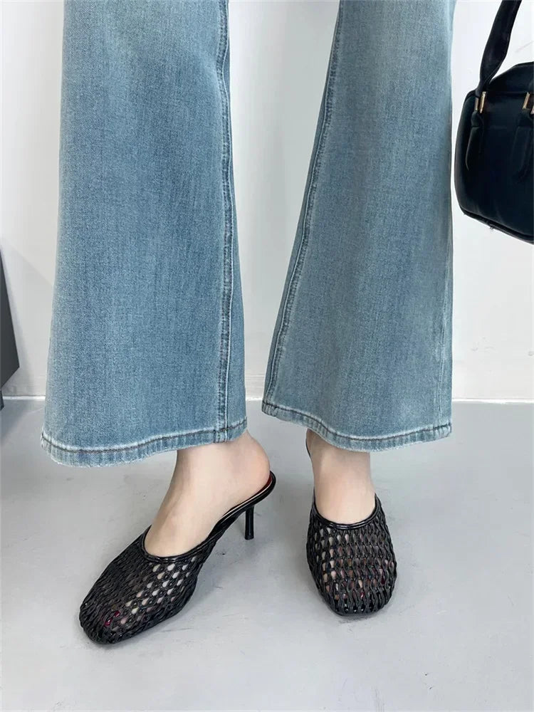 LBSFY -Summer Hollow Out Breathable Mesh Weaving Women Slippers Fashion Thin Heels Party Dress Mule Shoes Large Size 43