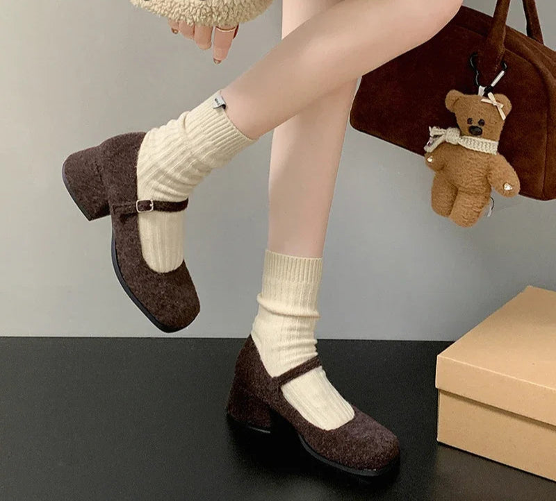 LBSFY  -  Designer Spring Square Toe Women Lamb Wool Mary Jane Shoes Fashion Shallow Thick Heel Shoes Concise Outdoor Lady Shoes