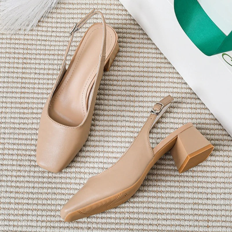 LBSFY -New Mid Thick Heel High Heels Women's Shoes French Baotou Shallow Mouth Sandals Women's Summer Large Coarse Heeled Sandals