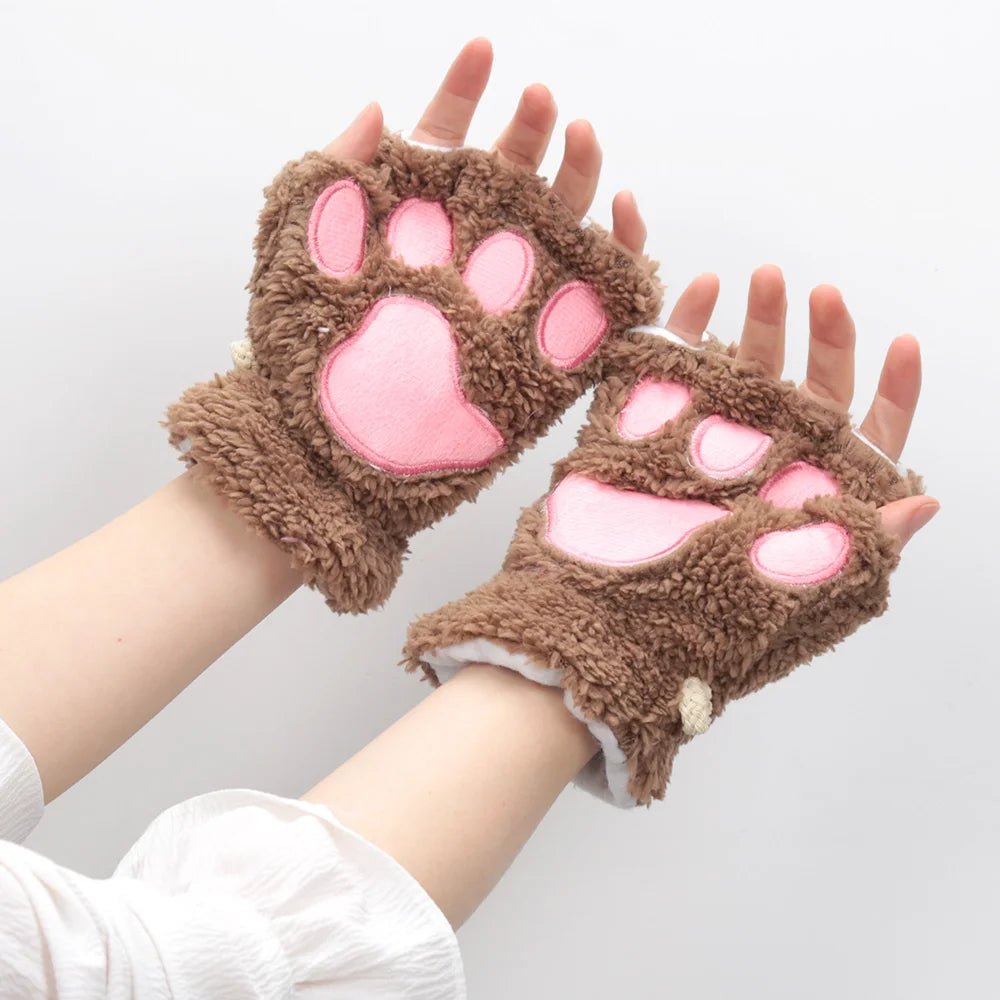 Lbsfy 1Pair Winter Gloves Women Bear Plush Cat Paw Claw Cute Kitten Fingerless Mittens Christmas Halloween for Girls Gift Gloves